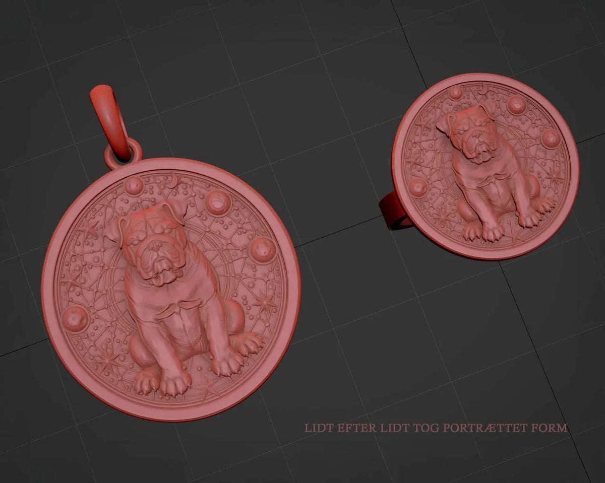 3D-model af en ring og et vedhæng med bulldogportræt