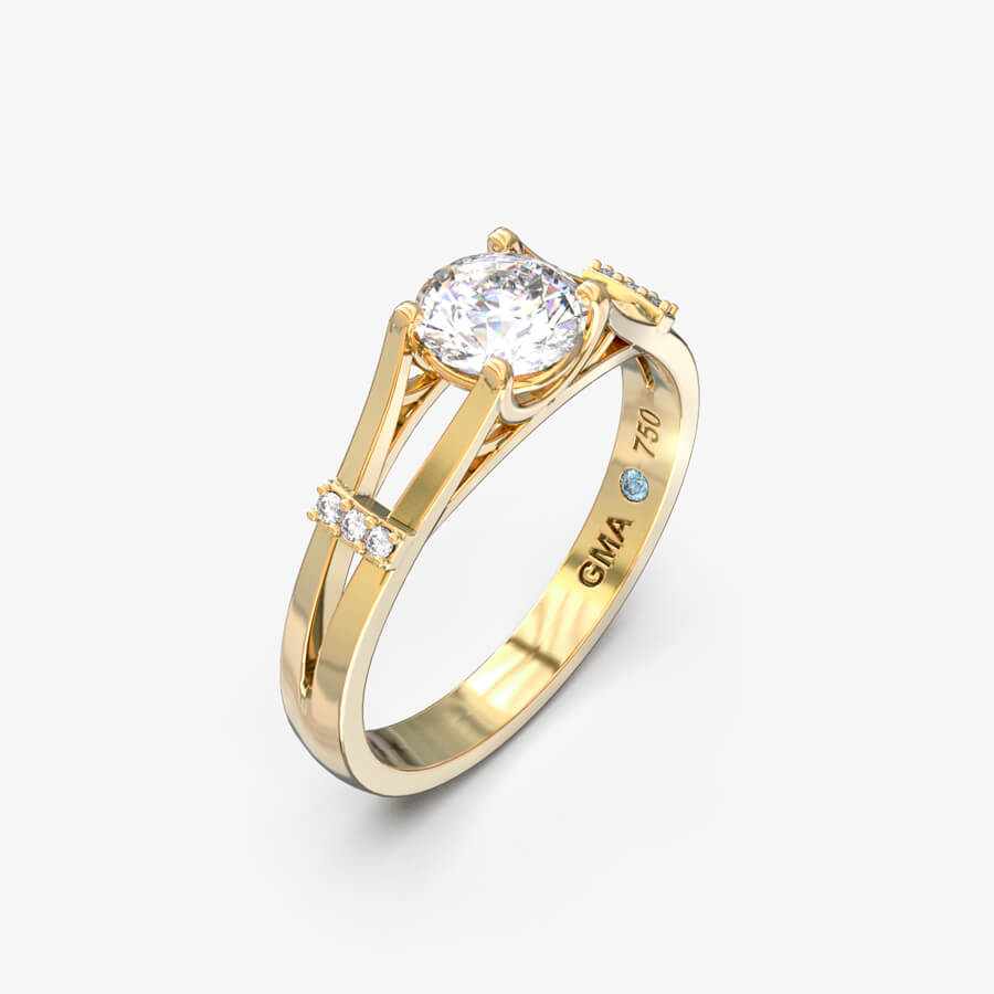 Forlovelsesring i 18 kt gult guld med naturlig diamant, set i skrå vinkel