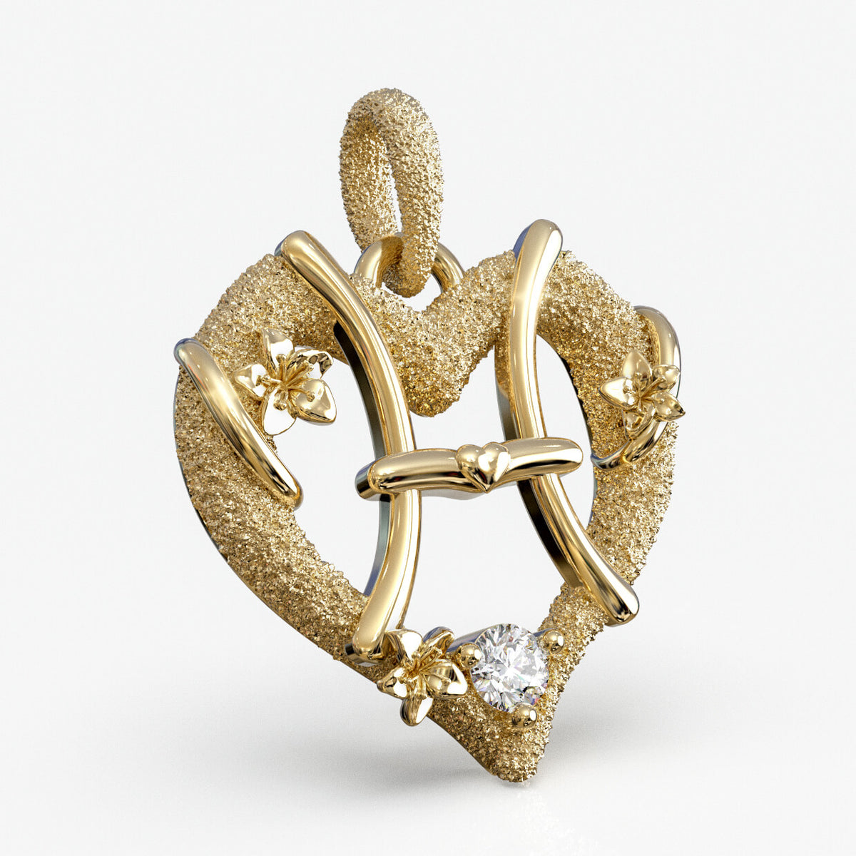Fiskene stjernetegnsvedhæng i 18 kt gult guld med diamant, hjerteformet design, produktfoto