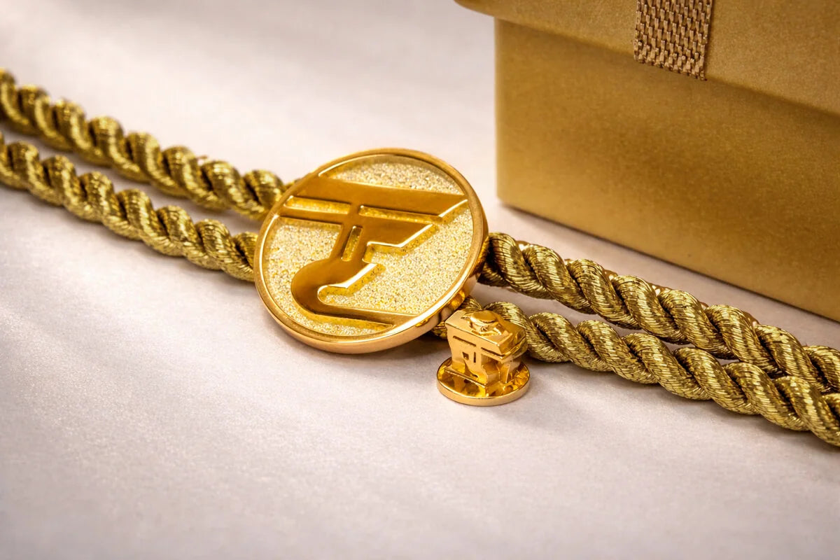 Rund firmanål i guld med logo og sikkerhedskæde
