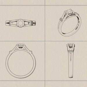Designtegning af Gemmarii forlovelsesring med delt ringskinne og rund centralsten, vist fra fire vinkler