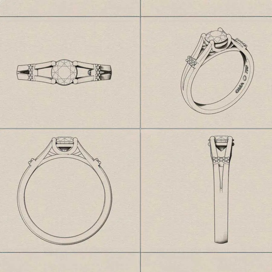 Designtegning af Gemmarii forlovelsesring med delt ringskinne og rund centralsten, vist fra fire vinkler