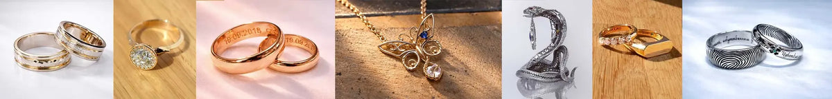 Kollage med personlige ringe, et sommerfuglevedhæng og en slangeskulptur