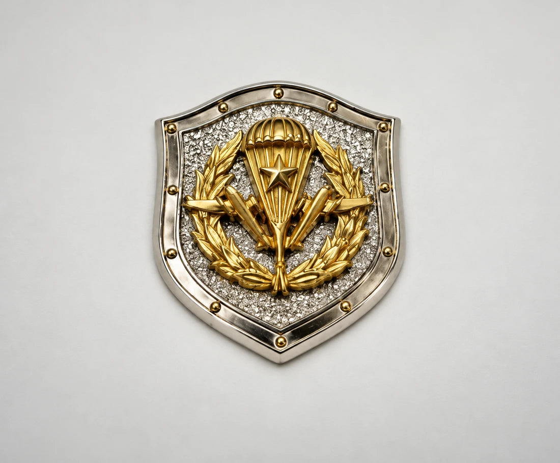 Skjoldformet mærke i hvidguld og gult guld med et detaljeret våbenmotiv i relief.