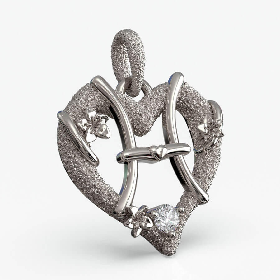 Fiskene stjernetegnsvedhæng i 925 sterlingsølv med diamant, hjerteformet design, produktfoto